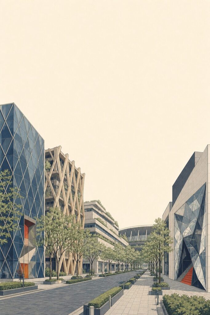 Illustration of the Omotesando architecture walk: contemporary flagship buildings lining a tree-lined Tokyo avenue, with a curved stadium roof closing the view in the distance